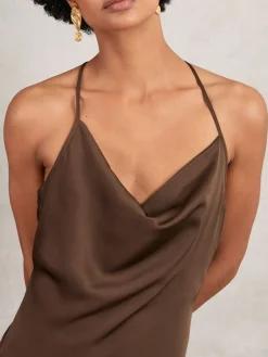 Reiss Chocolate Brown Maisley Satin Cowl-Neck Slip Dress
