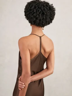Reiss Chocolate Brown Maisley Satin Cowl-Neck Slip Dress