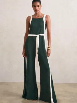 Reiss Salma Colourblock Wide Leg Belted Jumpsuit Dark Green/Cream Hot