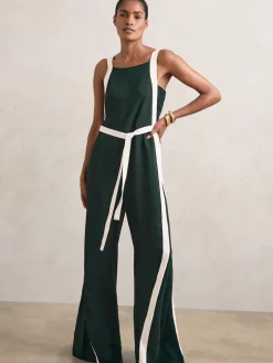 Reiss Salma Colourblock Wide Leg Belted Jumpsuit Dark Green/Cream Hot