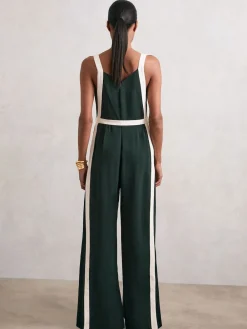Reiss Salma Colourblock Wide Leg Belted Jumpsuit Dark Green/Cream Hot