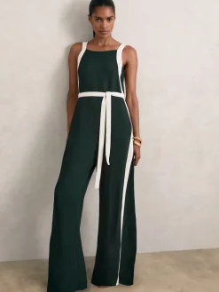 Reiss Salma Petite Colourblock Wide Leg Belted Jumpsuit Dark Green/Cream Discount