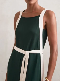 Reiss Salma Petite Colourblock Wide Leg Belted Jumpsuit Dark Green/Cream Discount