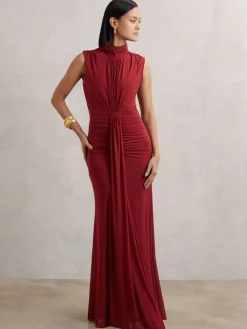 Reiss Daniella Ruched Sleeveless Maxi Dress Dark Red Discount