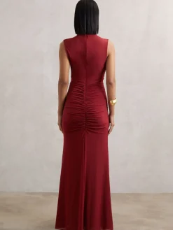 Reiss Daniella Ruched Sleeveless Maxi Dress Dark Red Discount