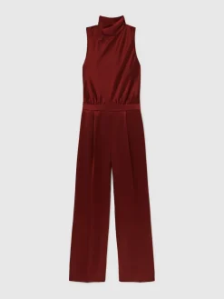 Reiss Farah Satin Cape-Sash Jumpsuit Dark Red Online