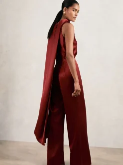 Reiss Farah Satin Cape-Sash Jumpsuit Dark Red Online
