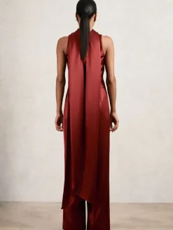 Reiss Farah Satin Cape-Sash Jumpsuit Dark Red Online