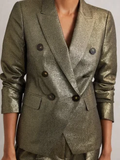 Reiss Sienna Petite Double-Breasted Metallic Suit Blazer with Cotton Gold Outlet