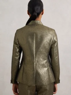 Reiss Sienna Petite Double-Breasted Metallic Suit Blazer with Cotton Gold Outlet