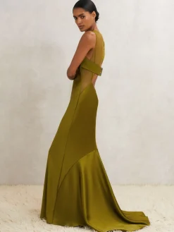 Reiss Green Opi Atelier Satin Sheer-Panel Maxi Dress Hot