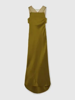 Reiss Green Opi Atelier Satin Sheer-Panel Maxi Dress Hot