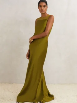 Reiss Green Opi Atelier Satin Sheer-Panel Maxi Dress Hot