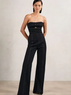 Reiss Indigo Blue Tylie Strapless Wide Leg Denim Jumpsuit Discount