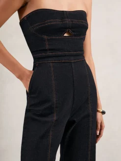 Reiss Indigo Blue Tylie Strapless Wide Leg Denim Jumpsuit Discount