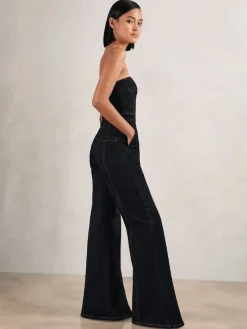 Reiss Indigo Blue Tylie Strapless Wide Leg Denim Jumpsuit Discount