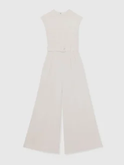 Reiss Ivory Alba Petite Sheer-Panel Wide-Leg Belted Jumpsuit Best