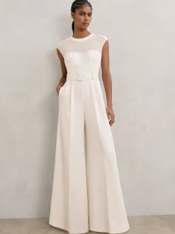 Reiss Ivory Alba Petite Sheer-Panel Wide-Leg Belted Jumpsuit Best