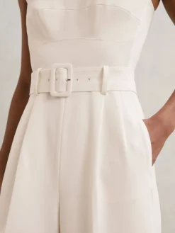 Reiss Ivory Alba Petite Sheer-Panel Wide-Leg Belted Jumpsuit Best