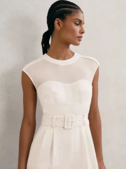 Reiss Ivory Alba Sheer-Panel Wide-Leg Belted Jumpsuit Outlet