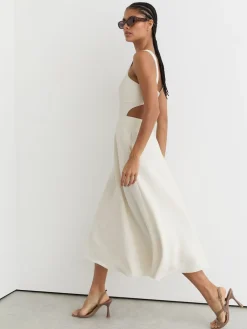 Reiss Dina Waisted Cut-Out Twill Midi Dress Ivory Best
