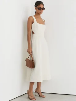 Reiss Dina Waisted Cut-Out Twill Midi Dress Ivory Best