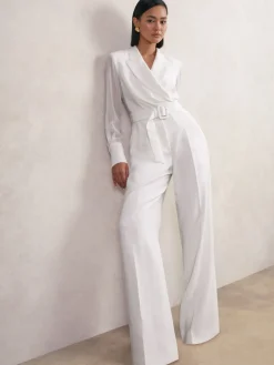 Reiss Ivory Flora Sheer-Sleeve Wide-Leg Tuxedo Jumpsuit Hot
