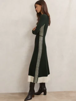 Reiss Khaki Green Aria Wool-Blend Stripe-Detail Knitted Dress Hot