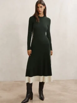 Reiss Khaki Green Aria Wool-Blend Stripe-Detail Knitted Dress Hot