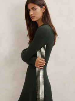 Reiss Khaki Green Aria Wool-Blend Stripe-Detail Knitted Dress Hot