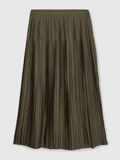 Reiss Savannah Pleated Midi Skirt Khaki Green Outlet