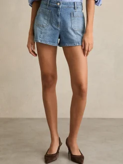 Reiss Kira Mid-Rise Patch Pocket Denim Shorts Mid Blue Discount
