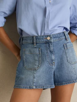 Reiss Kira Mid-Rise Patch Pocket Denim Shorts Mid Blue Discount