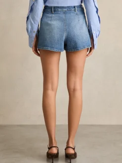 Reiss Kira Mid-Rise Patch Pocket Denim Shorts Mid Blue Discount