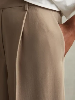 Reiss Eden Elasticated-Waist Wide-Leg Twill Trousers Mink Neutral New