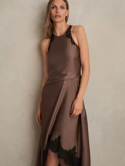 Reiss Anais Satin Drape Lace-Trim Dress Mocha Brown Online