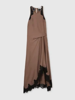 Reiss Anais Satin Drape Lace-Trim Dress Mocha Brown Online