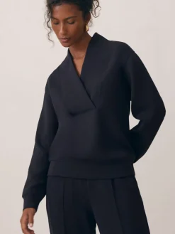 Reiss Annabel Interlock Shawl-Neck Sweatshirt with Modal Navy