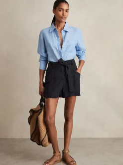 Reiss Navy Avril Belted Button Tab Shorts Online