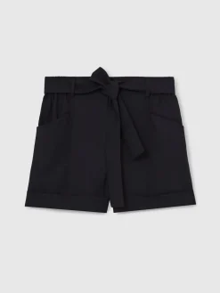 Reiss Navy Avril Belted Button Tab Shorts Online