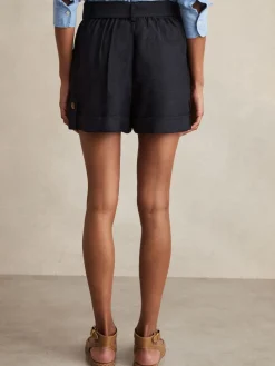 Reiss Navy Avril Belted Button Tab Shorts Online