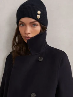 Reiss Navy Bianca Merino Wool Blend Button Beanie With Cashmere Sale