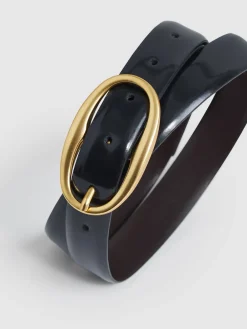 Reiss Drew Patent Leather Oval Buckle Belt Navy Hot