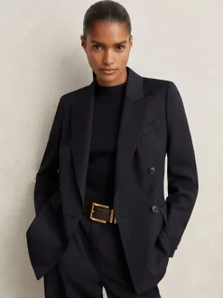 Reiss Haisley Wool Blend Double Breasted Suit Blazer Navy