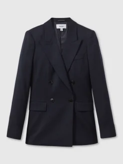 Reiss Navy Hallie Petite Textured Double Breasted Suit Blazer Outlet