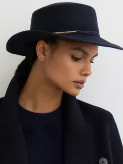 Reiss Navy Lacey Wool Felt Chain-Strap Fedora Hat New