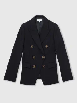 Reiss Lia Wool-Blend Double-Breasted Blazer Navy New