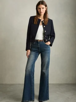 Reiss Navy Nola Cropped Wool Single Breasted Jacket Sale