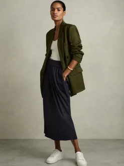 Reiss Navy Nora Wool-Blend Ruched Jersey Midi Skirt Sale