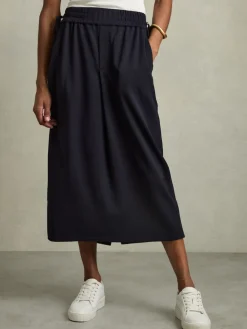 Reiss Navy Nora Wool-Blend Ruched Jersey Midi Skirt Sale
